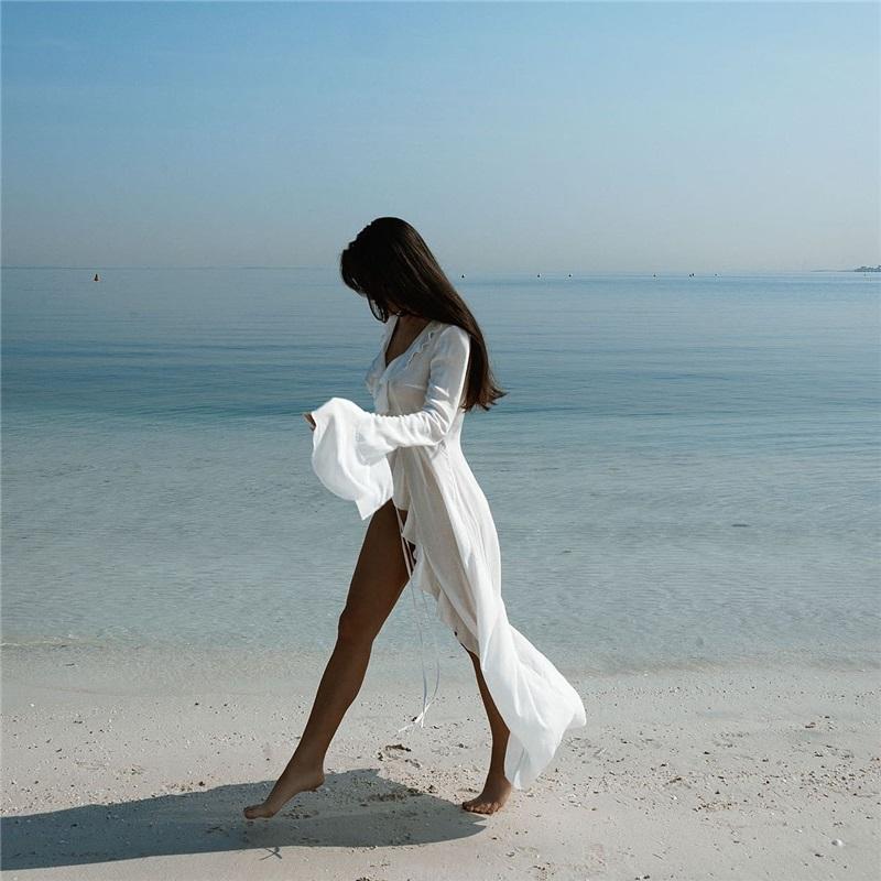 New Sexy V Neck Ruffled Long Sleeve Chiffon Tunic Beach Cover Up Cover-ups Beach Dress Beach Wear Beachwear Female Women