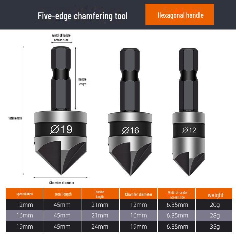 Black Hexagonal Handle 90° Woodworking Chamfering Tool Set - 3 Titanium-plated, 5-blade Hole Expansion Pieces