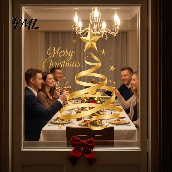 Seasonal Home Decoration Gold Ribbon Christmas Tree Static Cling Window Decal, Merry Glass Clings Sticker with Stars, Reusable Holiday Decor for Shop