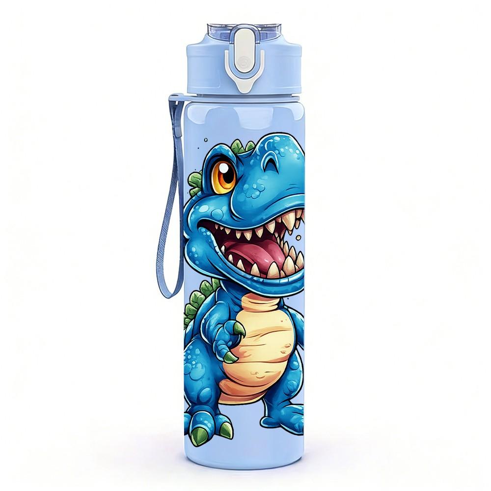 1PC Blue T Rex Dinosaur Kids Cartoon Print 750ml Color Plastic Sports Water Bottle Leakproof Flip Straw Lid Suitable for Sports Office Home Use