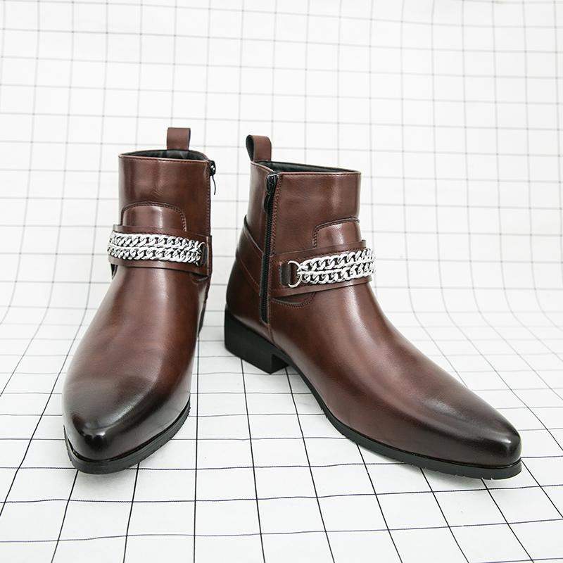 Fashion Leisure Walk Mens Chelsea Boots Handmade High Top Men Shoes Male Leather Ankle Boots Business Dress Shoes New Metal Buckle Botas