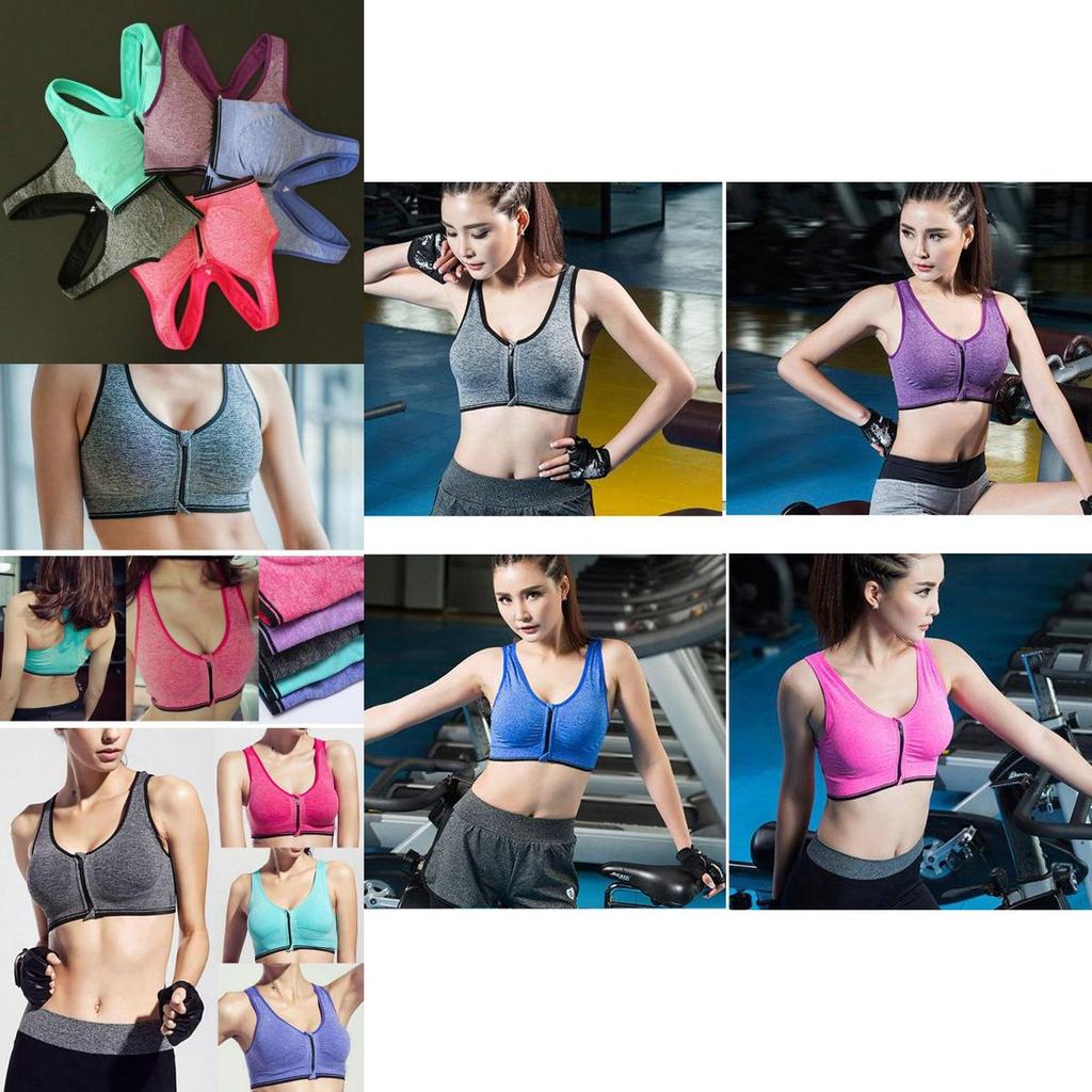 Womens Front Zip Wireless Padded Sports Bra Yoga Cami Push Up Support Top Vests With Seamless Design