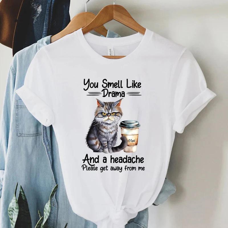 Coffee Cat T Shirt Fashion Casual Tee Shirt Female Black Cat Graphic T Shirt New Spoof Women Clothing High Street Camiseta Mujer