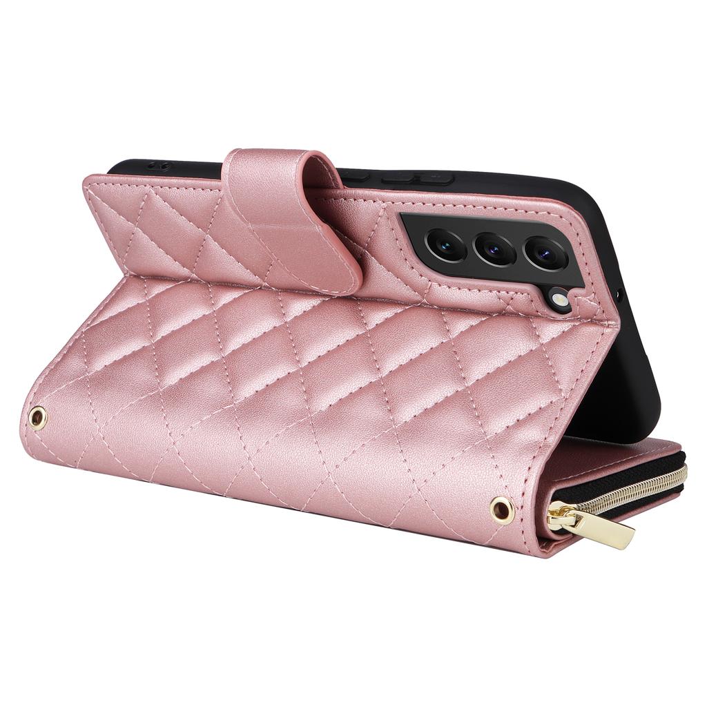 For Samsung Galaxy S22+ 5G Case Rhombus Zipper Pocket Leather Phone Cover with Straps