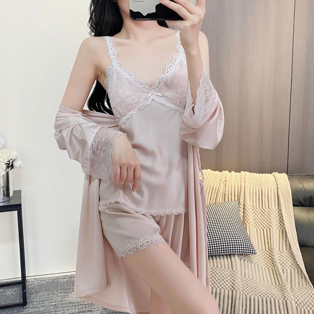 Summer thin women's sexy ice silk suspender shorts spring and autumn lace pajama set nightgown silk loungewear
