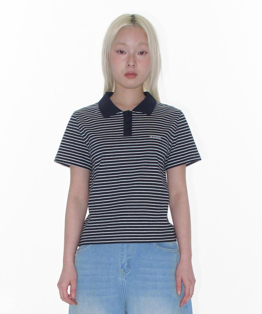 AMES-WORLDWIDE Basic Stripe Collar Tee Navy