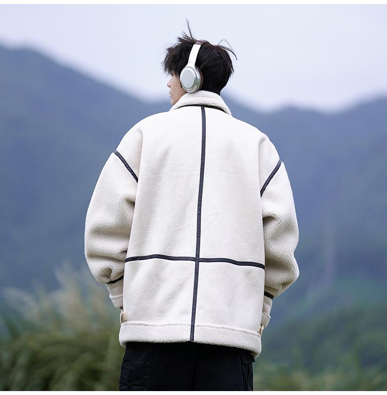 Men's Lambswool Fur-Lined Color Block Winter Jacket, Trendy American Brand, Plus Size, Thickened Cotton for Teens