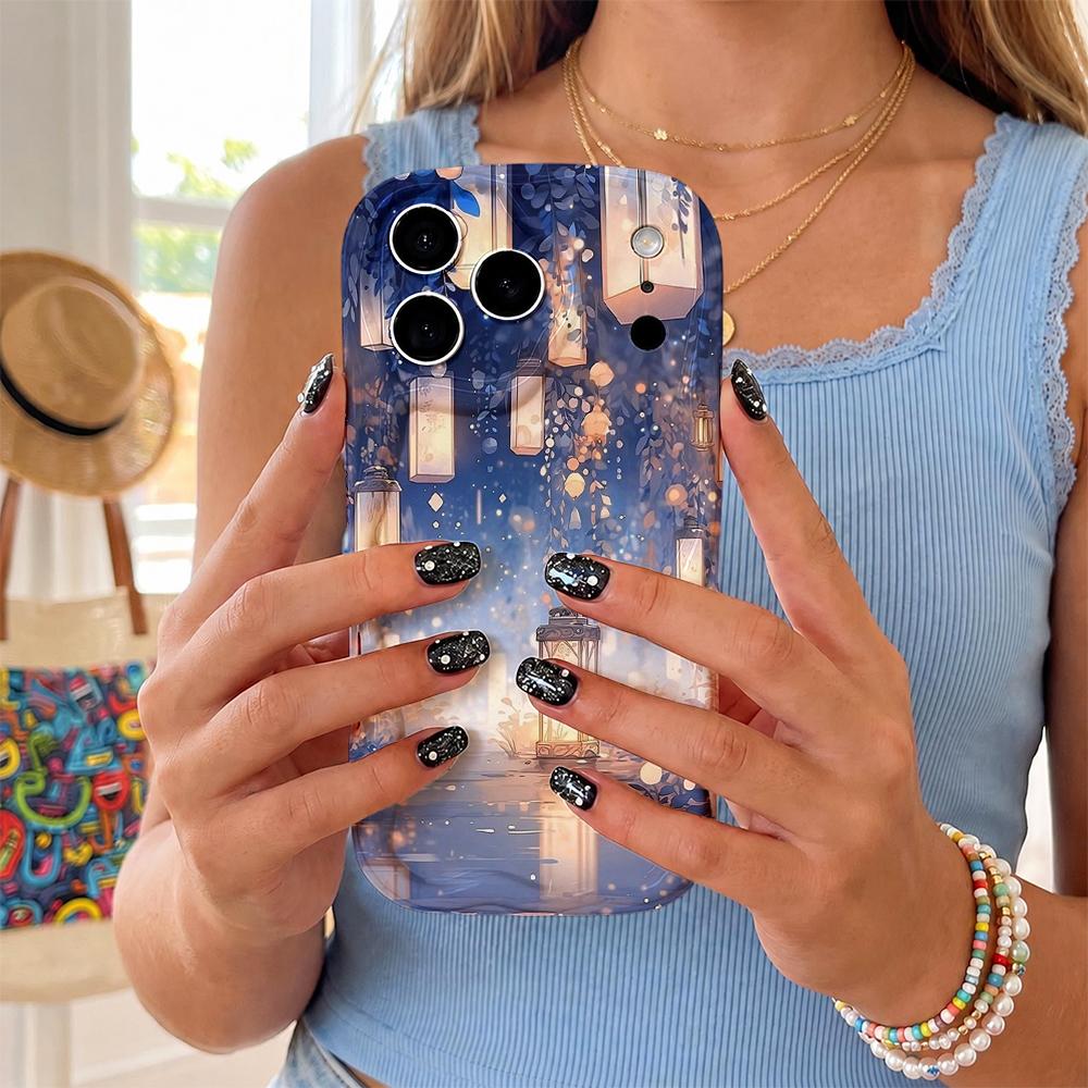 Night Sky Ancient Lantern Wavy Edge Phone Case For iPhone 16 15 14 Pro Max 13 12 11 Mini XR XS SE 2020 7 8 Plus Air Cover