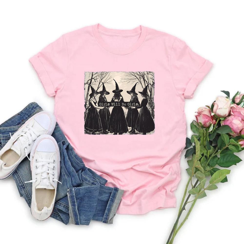 Vintage Girls Will Be Girls Witch Shirt Funny Witch Shirts Tees Halloween Women Clothes Witchy Vibes Graphic T Shirts