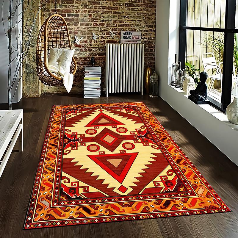 Geometric Boho Tribal-Style Carpet, Red and Yellow Ethnic Pattern Rug Suitable for use as an anti-slip for living room bedroom sofas