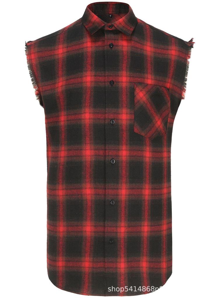 Cross-Border Men's Plaid Sleeveless Shirt with Tassel Design