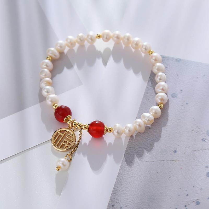 Red Agate Engraved Freshwater Pearl Bracelet Fashion Women Daily Jewelry Lucky Gift
