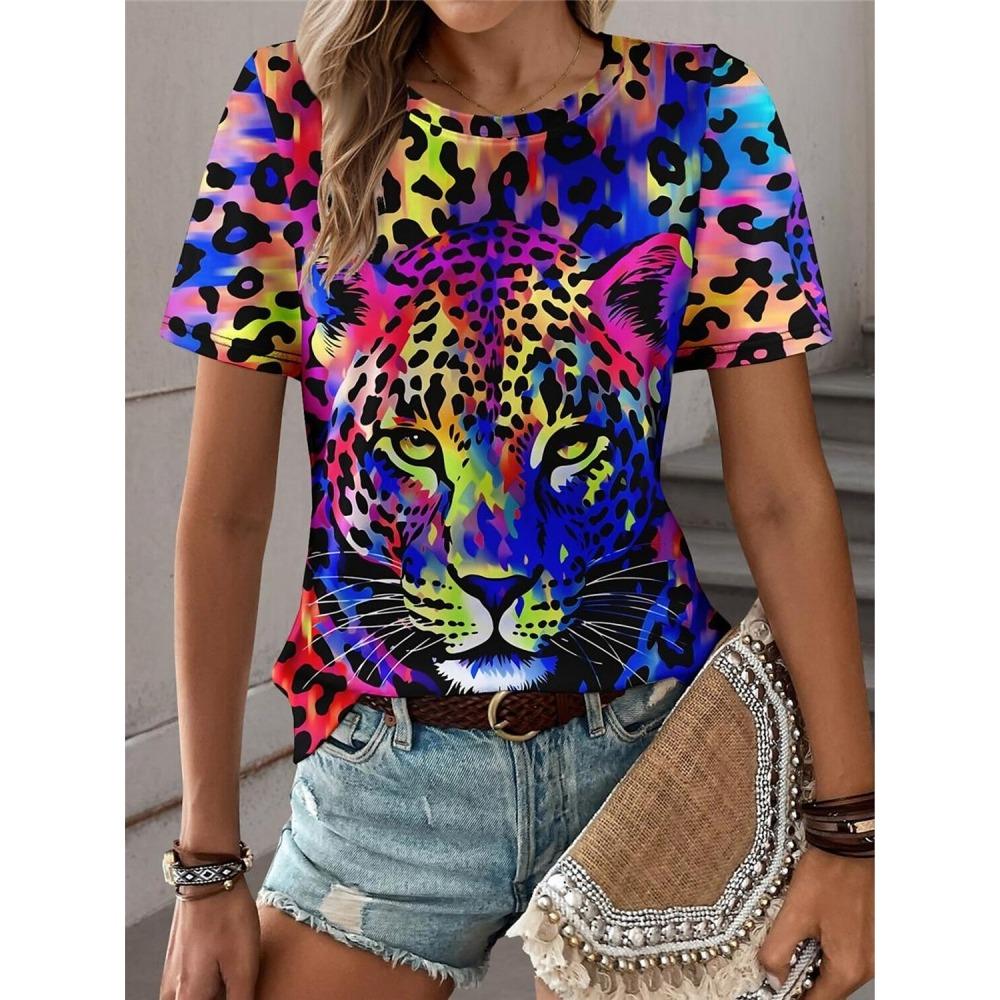 3D Leopard Print and Lipstick Print Short-sleeved Top Summer Casual Everyday Women's T-shirt Urban Street Fashion Women's Y2K