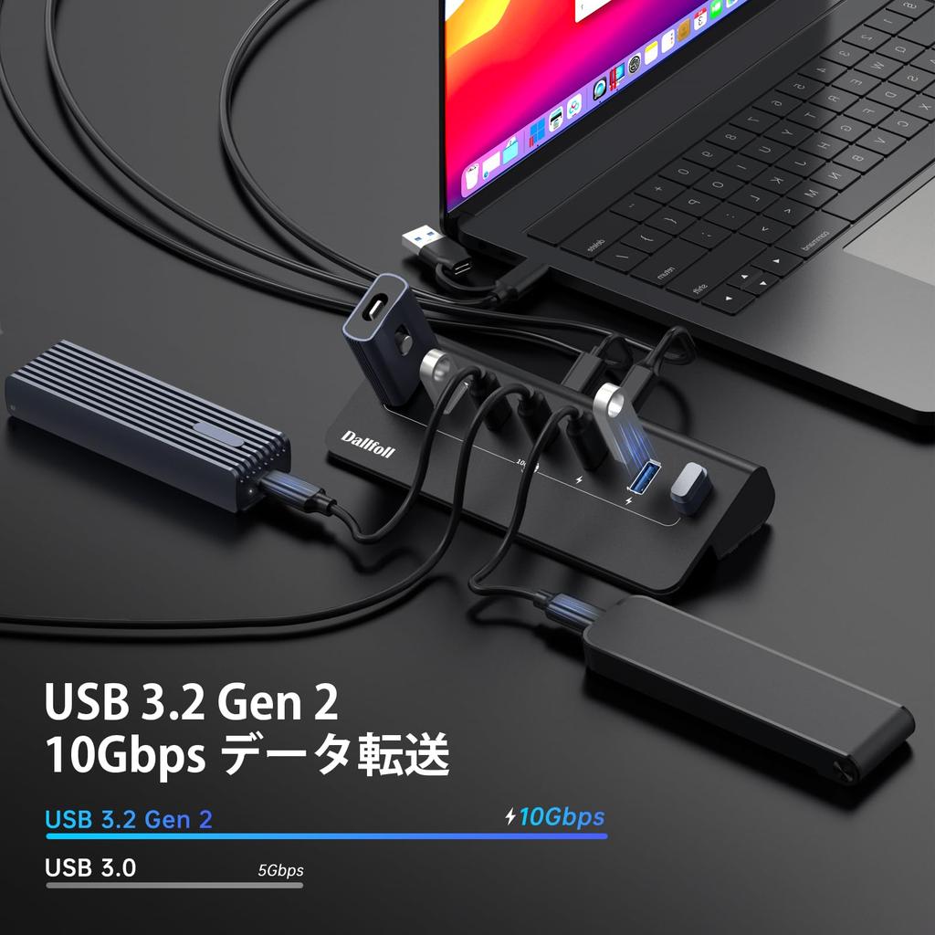 Dallfoll USB Hub USB Hub 7 Port USB Gen2 10Gbps Expansion Splitter 4 USB A Ports and 3 USB C Ports Supports Charging HUB 3.2 BC1.2 Self-powered