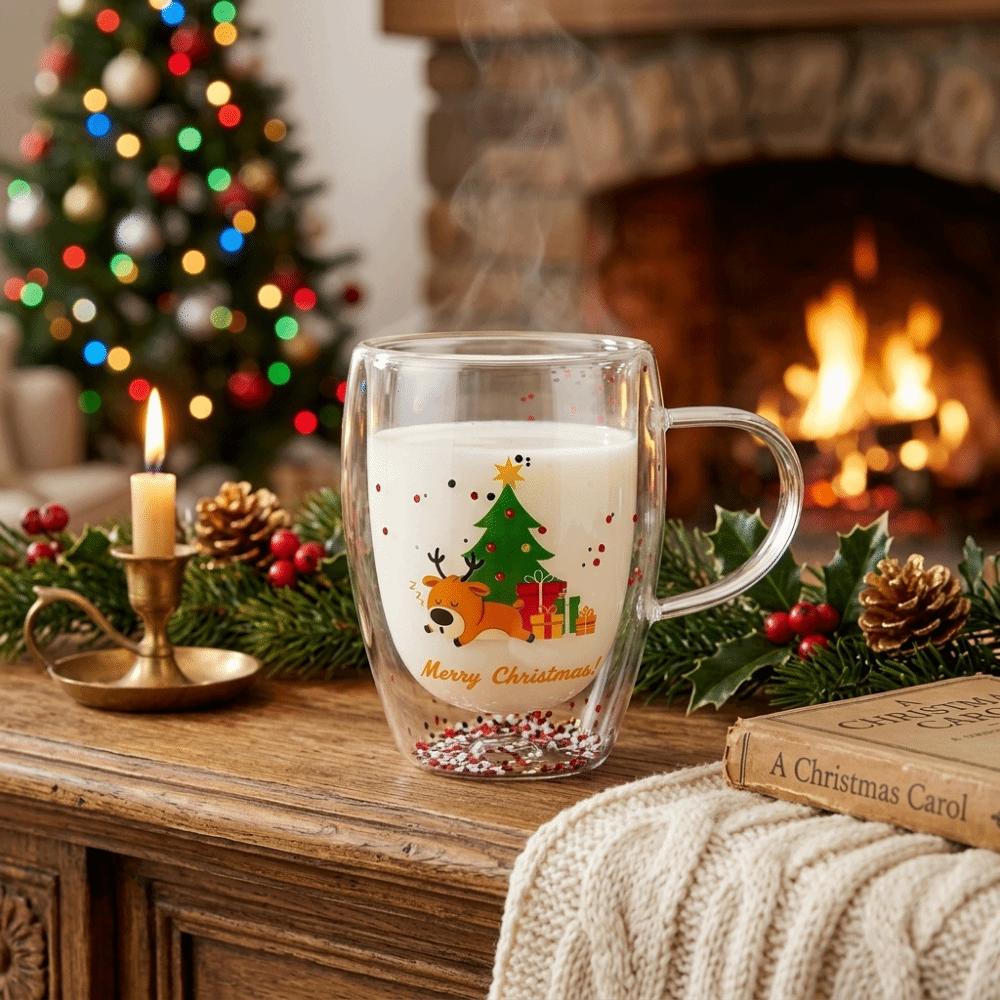 Cartoon Pattern Snowman Christmas Wine Glass Deer Tree Christmas Art Cup Double Layer Shiny Santa Clear Glass Christmas