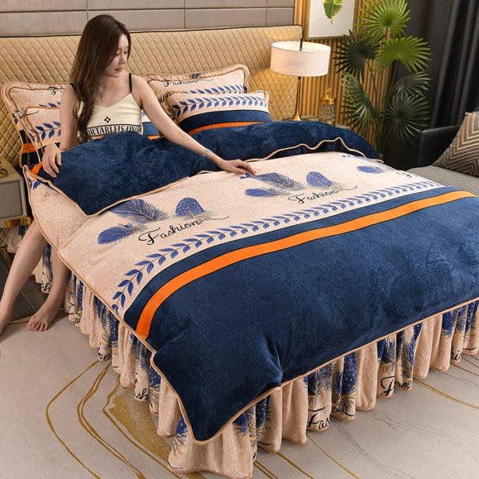Thickened Milk Fleece Four-Piece Warm Double-Sided Coral Fleece Quilt Cover Flannel Sheet Bed Skirt Bedding