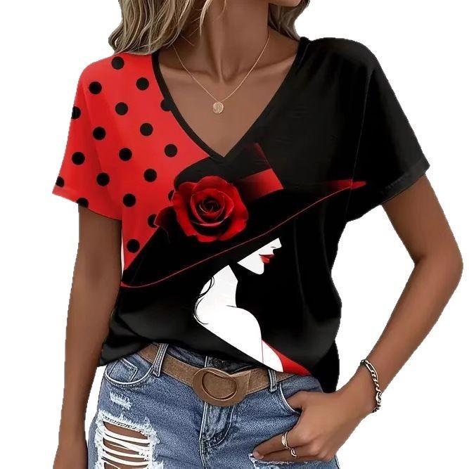 V Neck T Shirt 3d Printed Tees Women Short Sleeve Tops Casual Stretch Breathable Floral T-shirts Plus Size