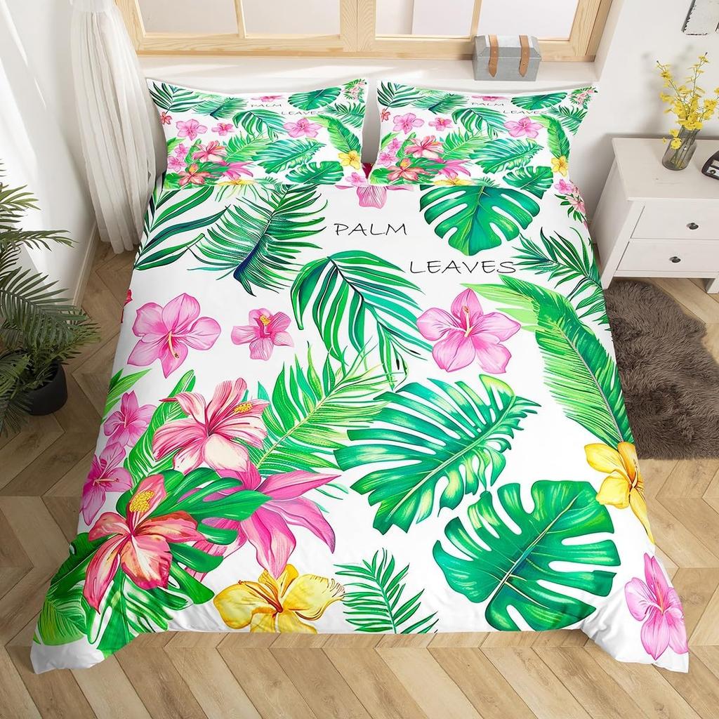 Hibiscus Duvet Cover Twin Colorful Rose Of Sharon Bedding Set,Botanical Floral Comforter Cover Tropical Palm Leaves Quilt Cover