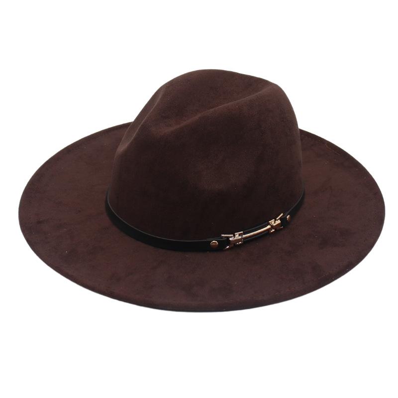 

Jazz Big Eaves Jazz Hat Imitation Suede Dance Top Hat Western Cowboy Hat Tibetan Felt Hat Metal Button Woolen Hat One size fits all темно-коричневого кольору