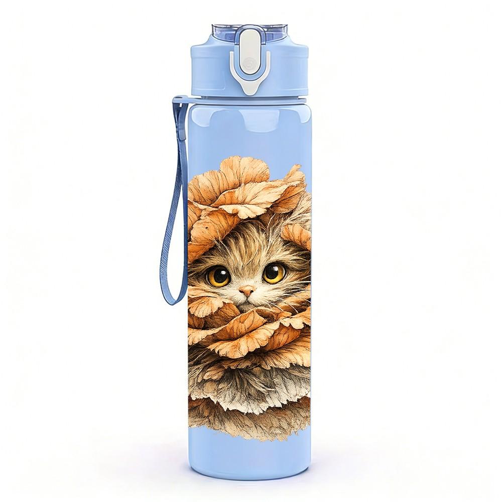 1PC Fluffy Cat Closeup Animal Print 750ml Color Plastic Sports Water Bottle Leakproof Flip Straw Lid Suitable for Sports Office Home Use