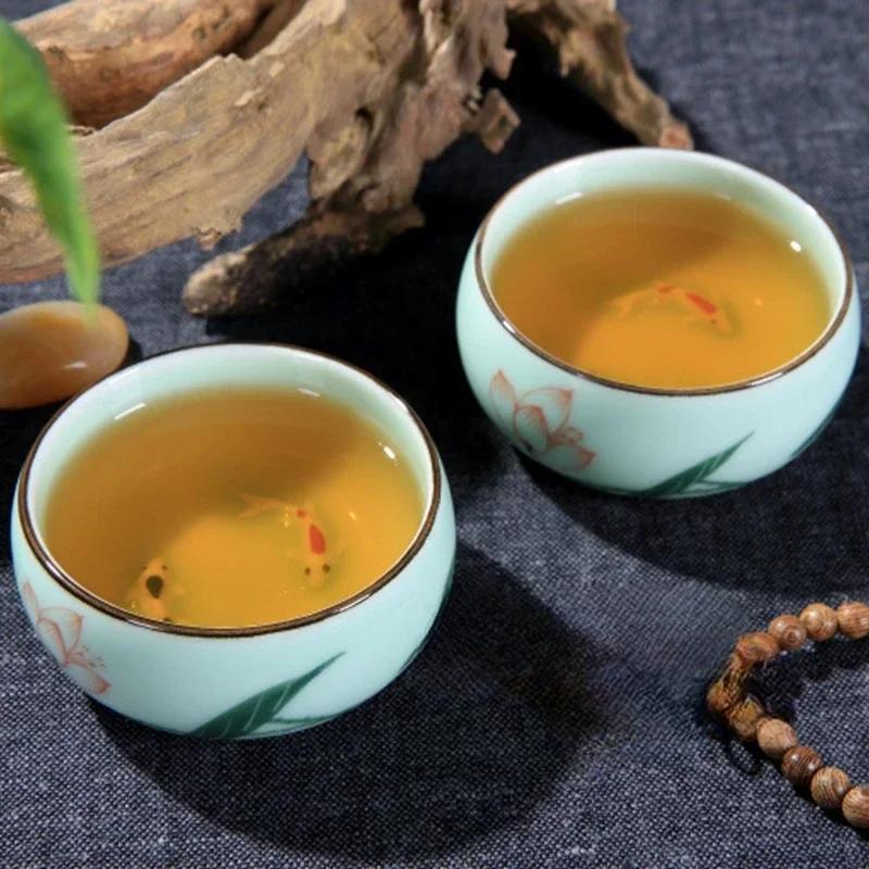 Celadon Tea Cup Set Hand Painted Lotus Bamboo Koi Fish Design 80ml Ceramic Chinese Gongfu Tea Ceremony Home Decor Gift