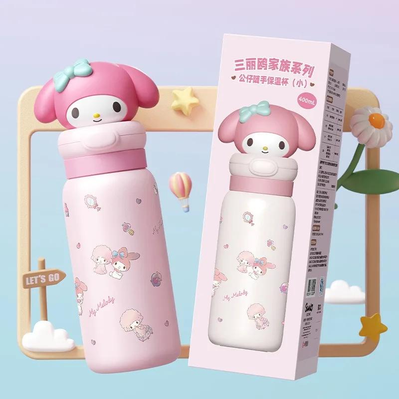 Tazze in Acciaio Inossidabile da 400ml con Cannuccia Disegnata Tazza Termica Sanrio con Cordino Sollevabile Hello Kitty My Melody Borraccia Portatile per Bambini