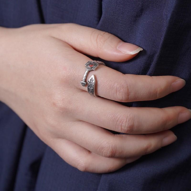 Adjustable Open Ring Men Women Vintage Copper Design Retro Taoist Style Statement Jewelry