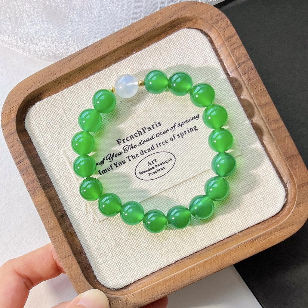 10Mm Ice Clear Emperor Green Natural Green Chalcedony White Moonlight Design Bracelet