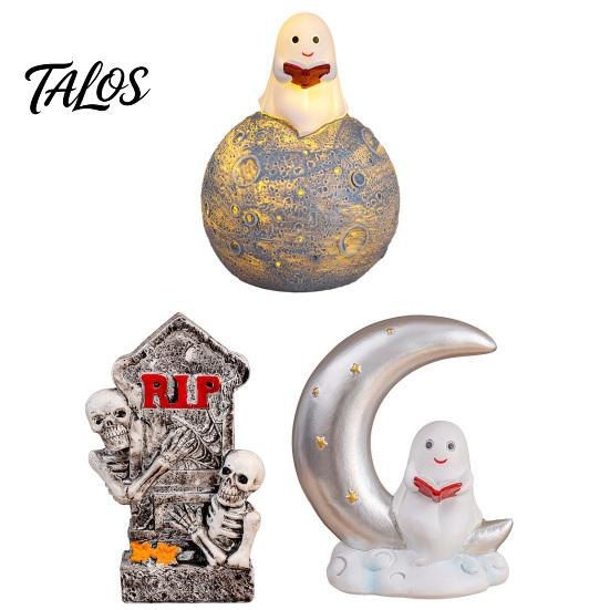 Halloween Ghost Night Light Resin Figurines with LED Lights, Cute Reading Moom & Crescent Small for Desk Light, Tombstone Skeleton Statue, Spooky Home