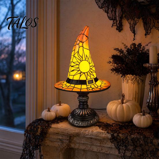 Talos Stained Glass Witch Hat Lamp, Table Lamp with Inline Switch, USB Powered Style Halloween for Bedroom Bookshelf Desk, Witches Gothic Decor Gift