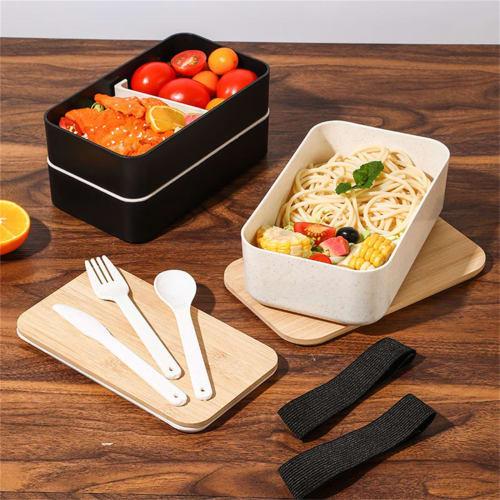 Multifunctional 2-Tier Bento Box with Bamboo Lid, Large Capacity, Leak-Proof, Adjustable Dividers, Dishwasher and Microwave Safe, Japanese Style, Suit