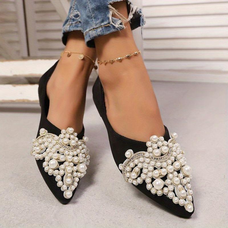 Comfortable Pointed Toe Slip-On Flats | Women's Black Fabric Upper with Pearl & Rhinestone Embellishments, Faux Cover Inner, All-Season Fashion Shoes