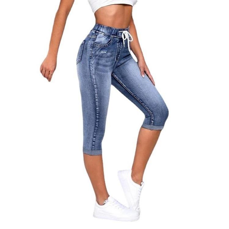 High Waist Women Denim Jeans Shorts Stretch Drawstring Knee Length Ripped Hole Jean Pants