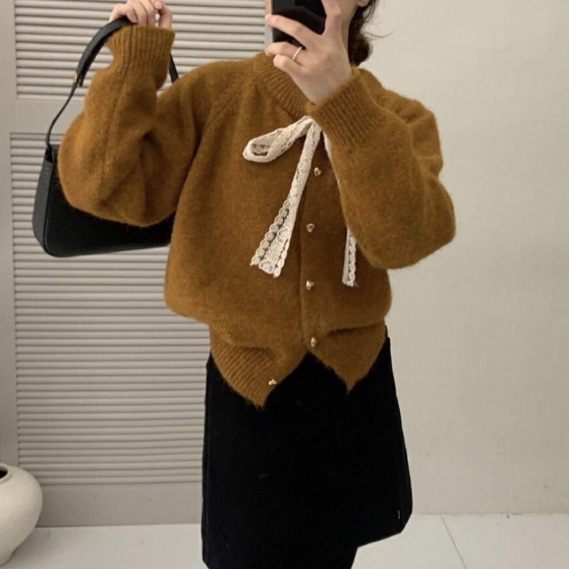 Lace-up Lace Bow Crew Neck Sweater Jacket Women's Autumn and Winter Loose Love Gold Button Knitted Cardigan Women