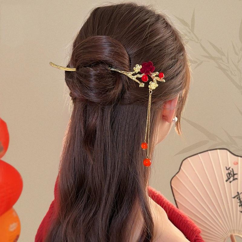 Retro Red Hair Stick Chinese Style Hanfu Tassel Women Flowers Chopsticks Alloy Hairpin Woman Jewelry Hair Clip Accessories
