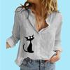 Women Fashion Buttoned Long Sleeve Shirt Ladies Casual Thin Cotton Linen Print Top Stand Neck Long Sleeved Blouse