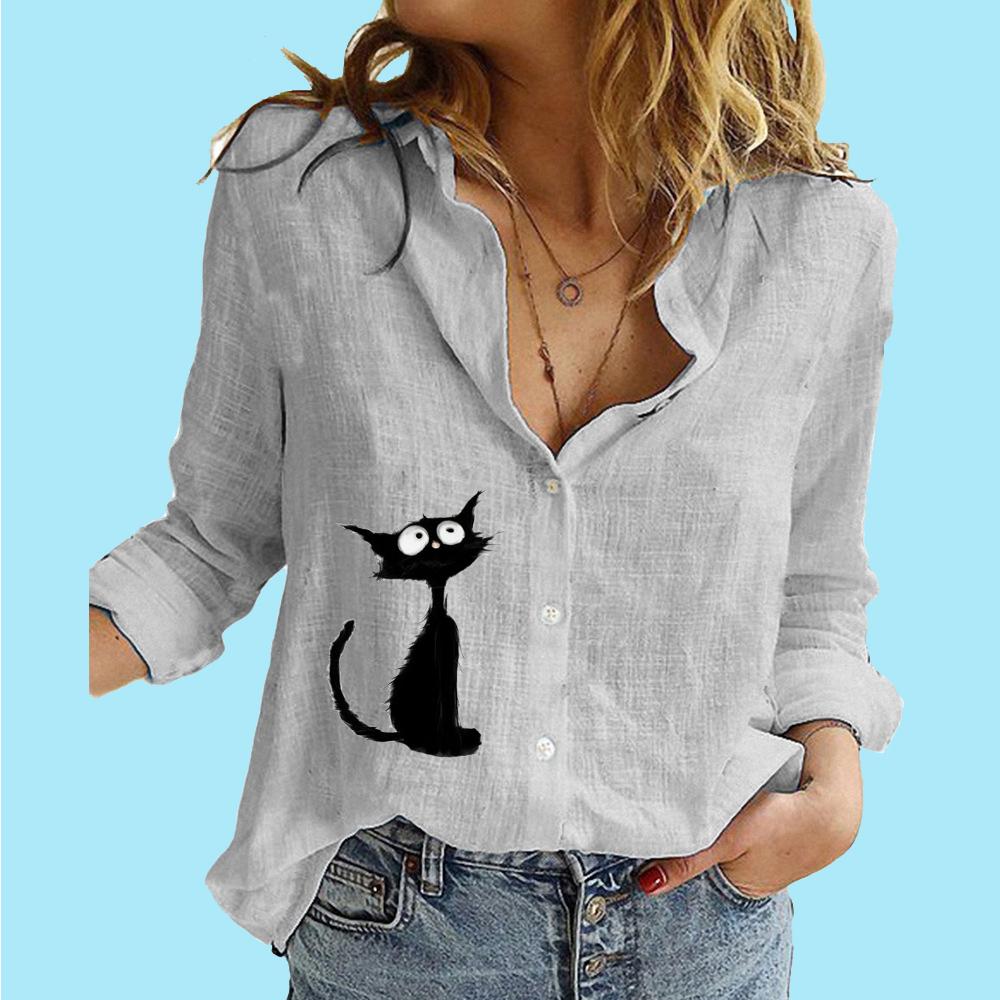 Women Fashion Buttoned Long Sleeve Shirt Ladies Casual Thin Cotton Linen Print Top Stand Neck Long Sleeved Blouse