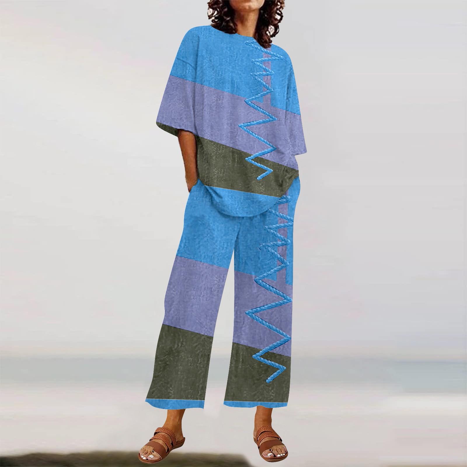 

Женский топ с круглым вырезом и короткими рукавами, повседневные свободные брюки с принтом, повседневный костюм-двойка, домашний комплект XL синий