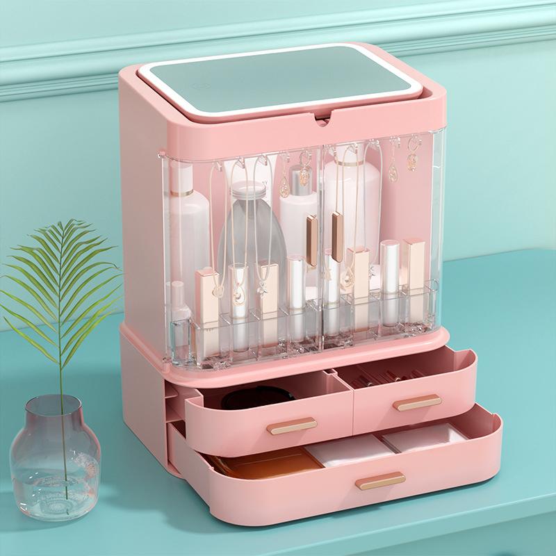 Kosmetik-Aufbewahrungsbox mit Spiegel, All-in-One-Desktop-Staub-Hautpflegeprodukte, großes Fassungsvermögen, Schminkregal