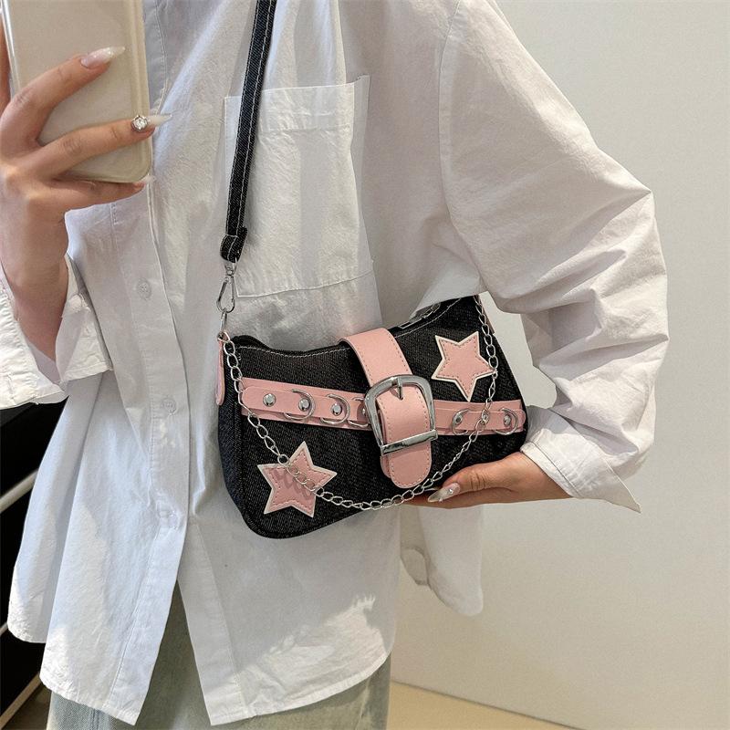 Fashi Women's Handbags Denim Stars Pattern Cool Girls Underarm Bag Female Small Shoulder Hobo Bags Chain Tote Bag