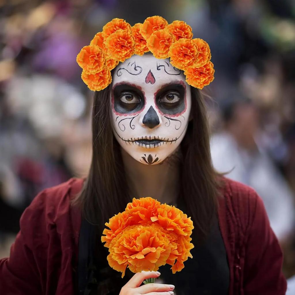Artificial Marigold Flowers Halloween Decoration Orange Marigold Head Silk Fake Paper Flowers Decor for Day of The Dead Diwali