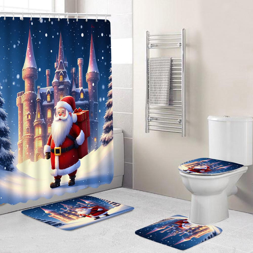 Christmas Toilet Cover Shower Curtain Floor Mat Set Santa Carpet Door Mat Foot Mat Non-Slip Mat