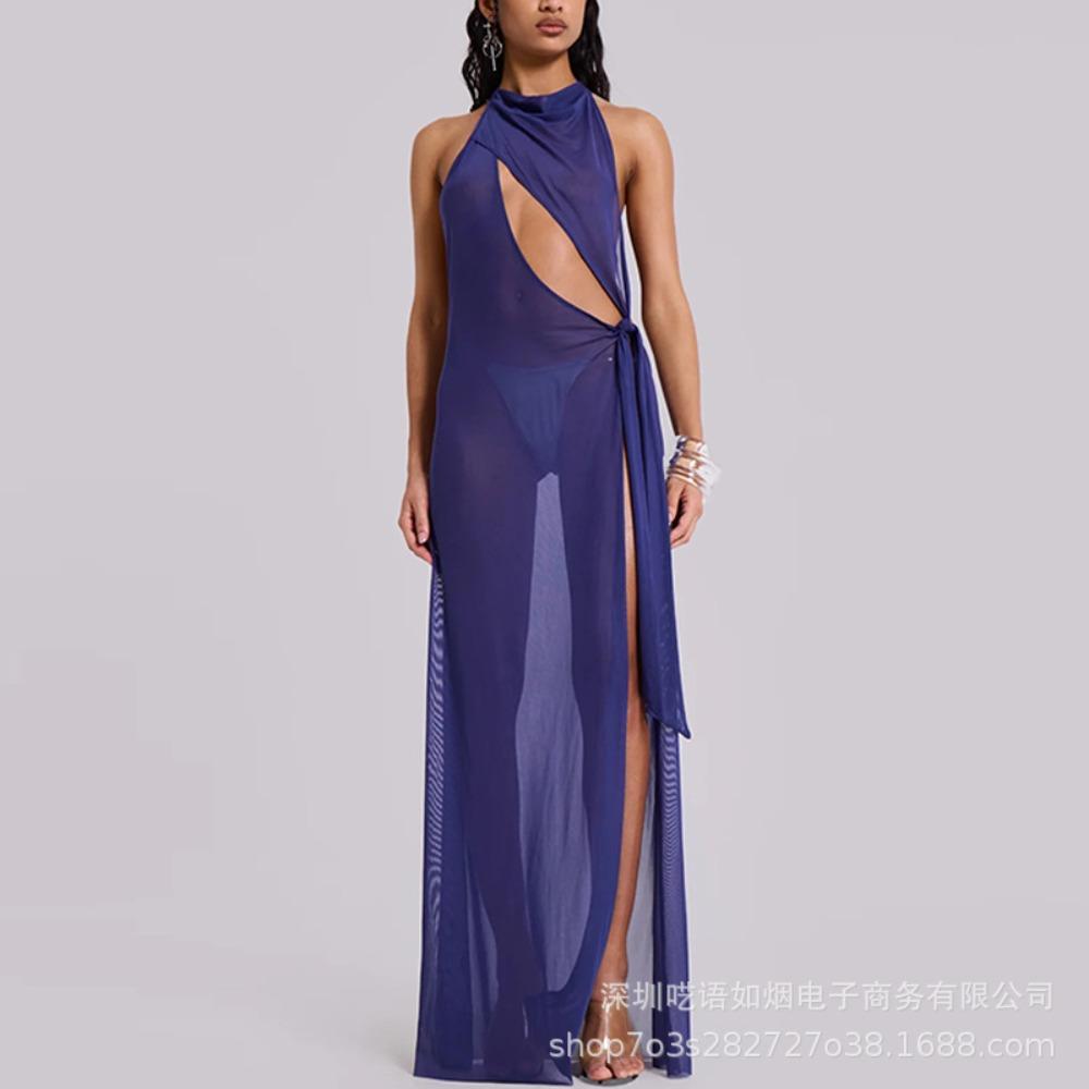Stylish Sexy Babes Solid Color Simple Slit Backless Summer Sleeveless Dress Women s Clothing S фиолетовый