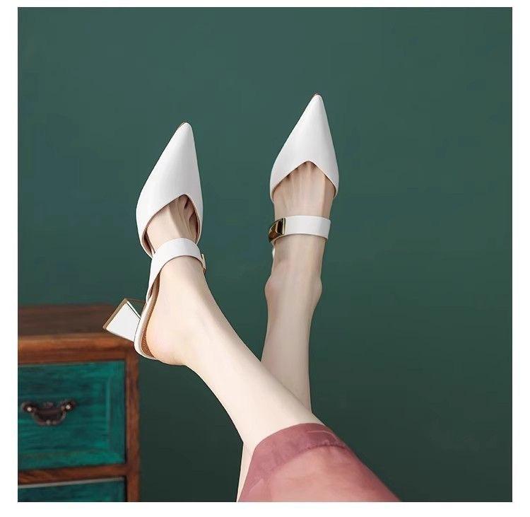 

2025 лето новые французские ретро остроносые толстый каблук сумка голова полушлепанцы женская обувь мюли крутые шлепанцы женские 40 белый