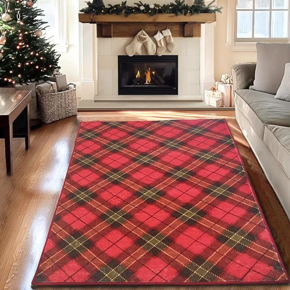 Christmas Carpet Mat Rug Red Green Blue Plaid Design with Gingerbread Man Tree Pattern Soft Floor Mat for Home Decoration