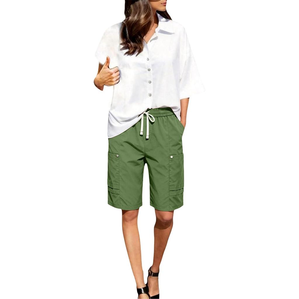 Women’s Summer Loose Fit Drawstring Waist Cargo Shorts with Pockets for Hiking Travel Casual Relaxed Wide Leg Design