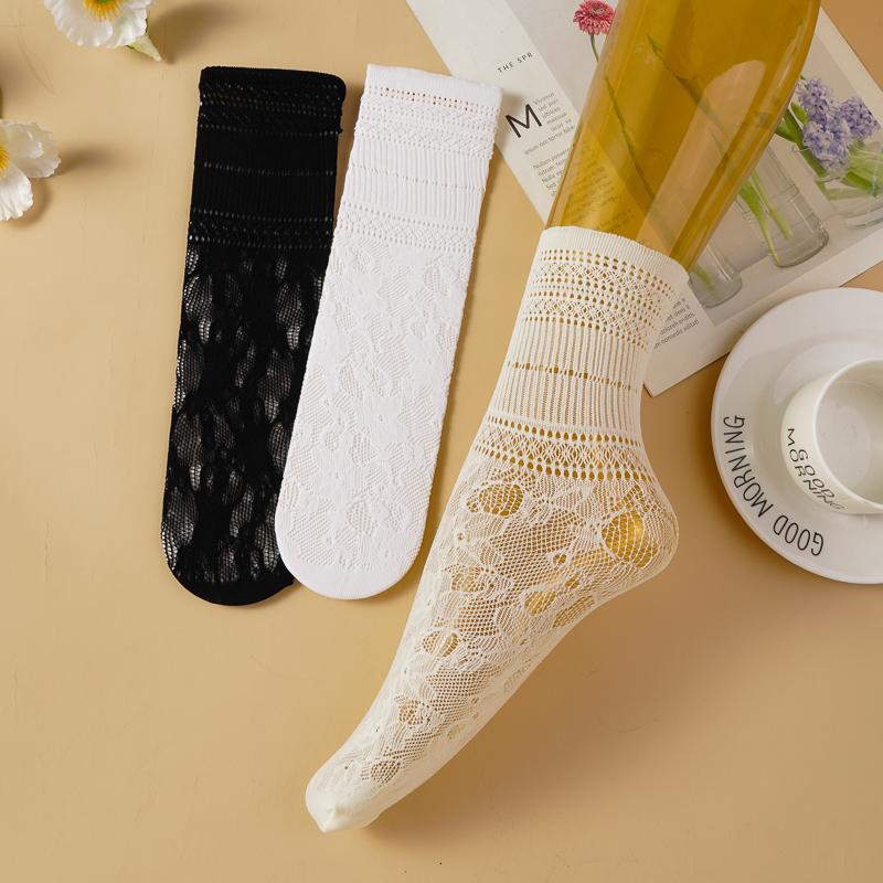 3 Pairs Lace Trim White Thick Summer Thin Socks Women's Breathable Mesh Hollow out Wood Grain Edge Mid-Calf Socks