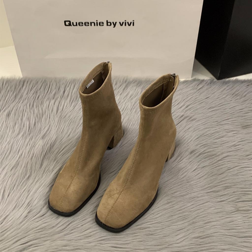 Kurzstiefel Damenschuhe hoher Absatz eckige Spitze dünne Martin-Stiefel 2025 Herbst und Winter Samt koreanische kleine Stiefeletten