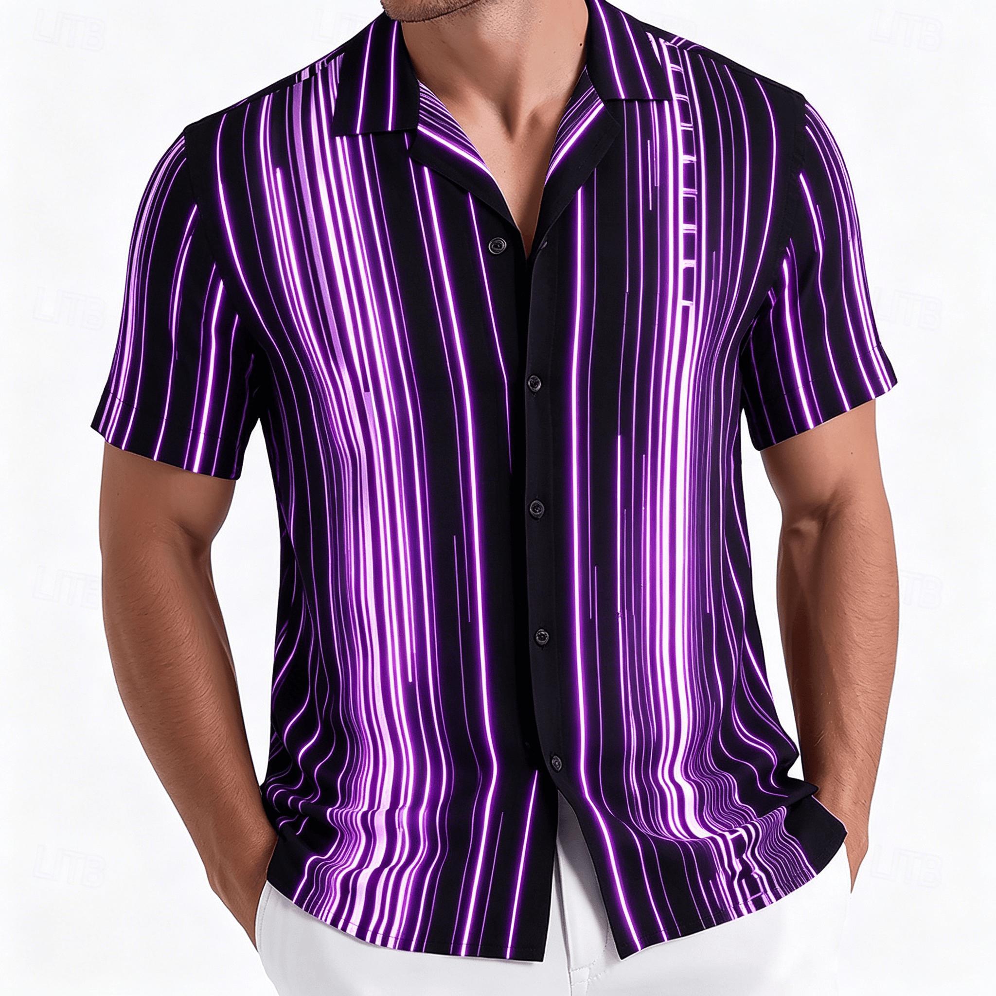 Latest Men s Retro Striped Short Sleeved Shirt, Bohemian Vertical Stripe Design, Men s Beach Vacation Casual Wear S