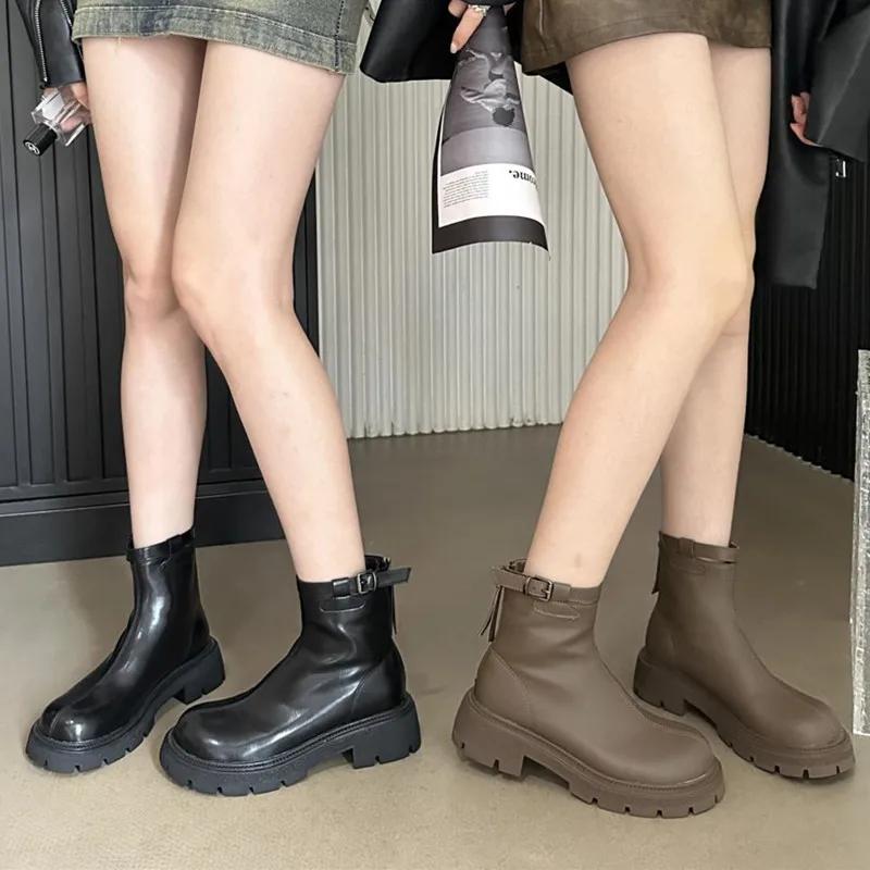 Autumn Winter Chunky Platform Boots Women Soft Leather Stretch Ankle Boots Fashion Belt Buckle Back Zip Design Knight Boots